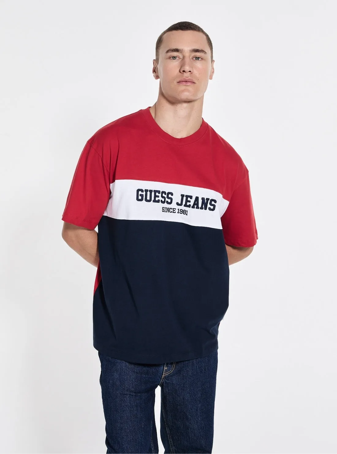 Guess Jeans Eco Blue Oversized Striped T-Shirt Effortless Wear Fit Eco Friendly Production
