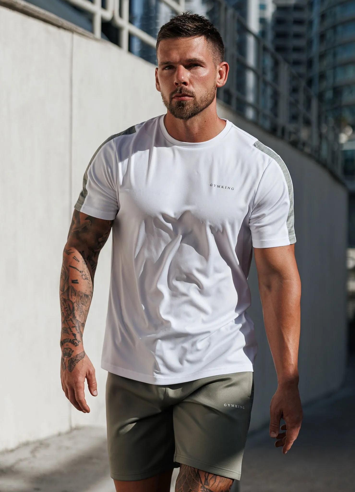 Gym King Core Plus Poly 2.0 Tee - White/Soft Khaki No-Fuss Design
