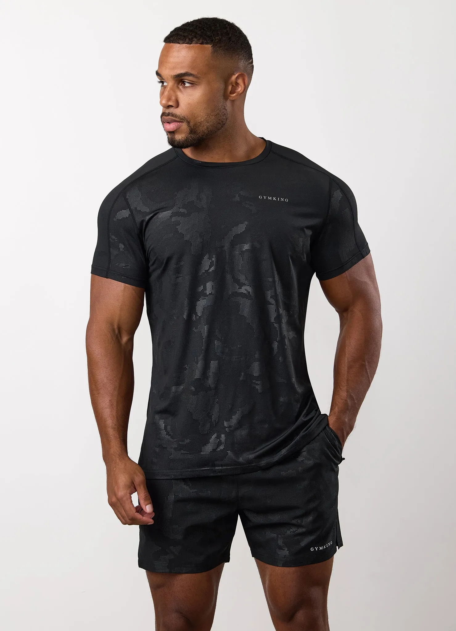 Gym King Debossed Camo SS Tee - Black Slim Waistband