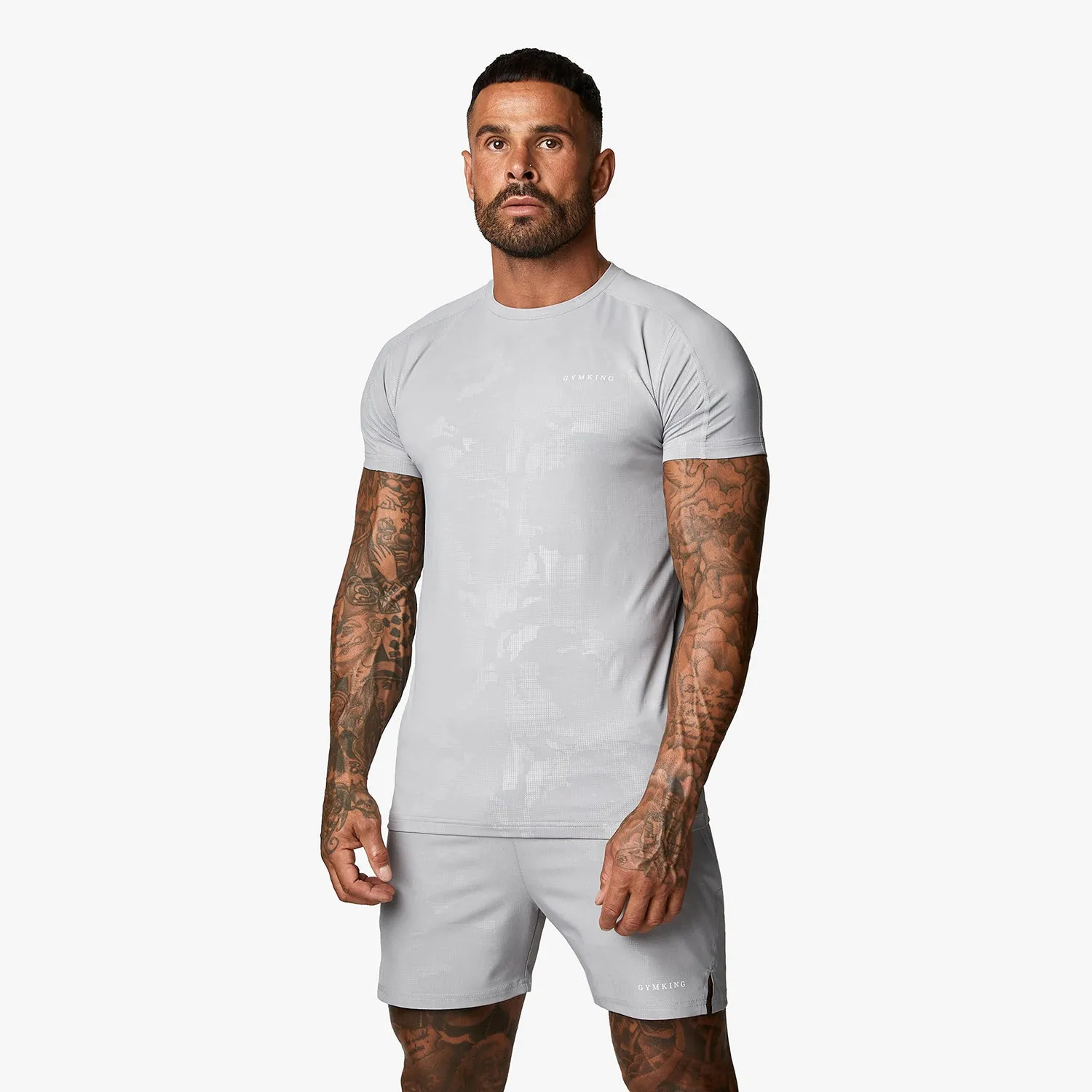Wide Neck Opening Stretch Wear Gym King Debossed Camo SS Tee - Cloudy Grey