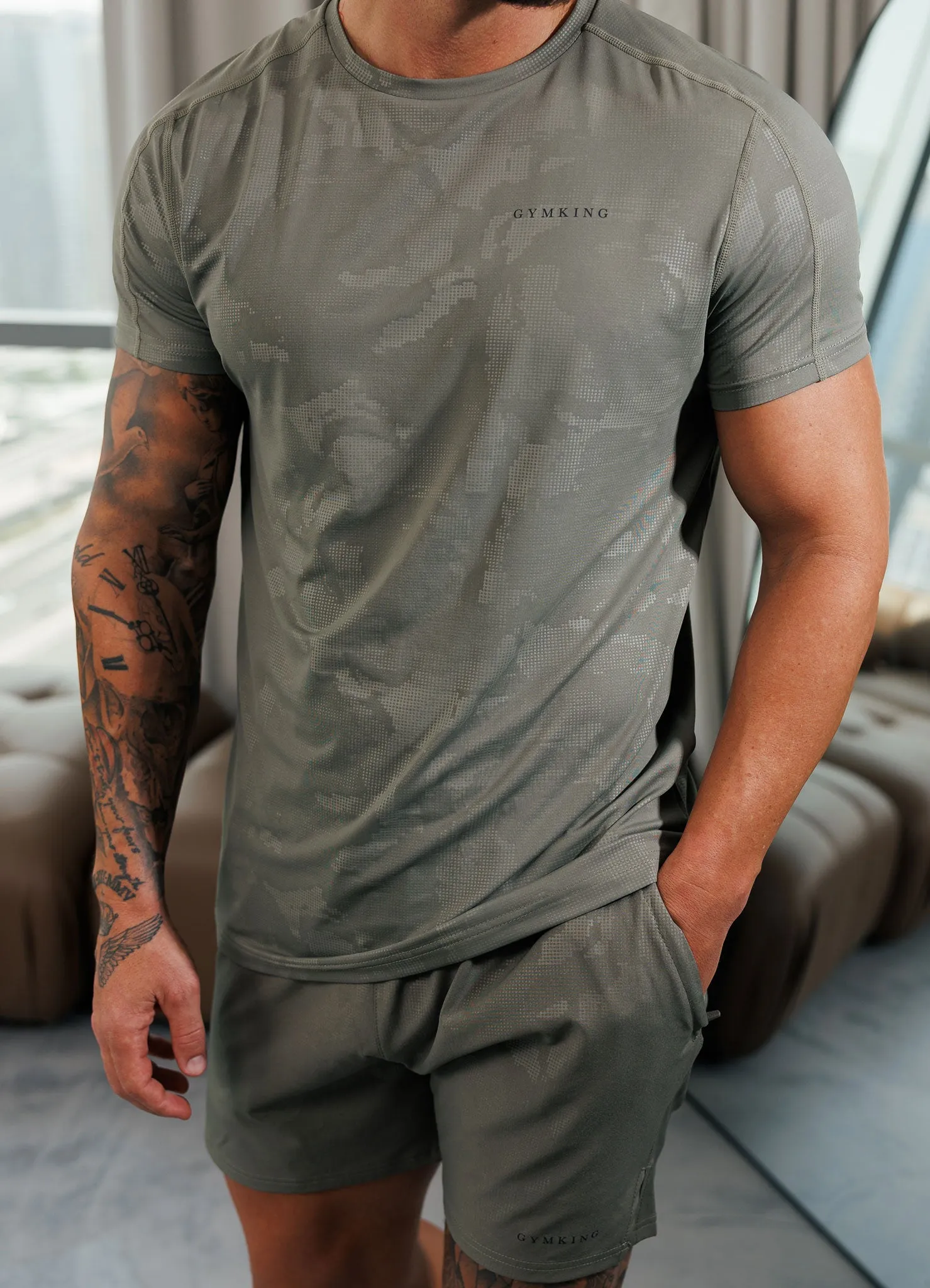 Gym King Debossed Camo Tee - Olive Breathable mesh Anti Bacterial Treatment