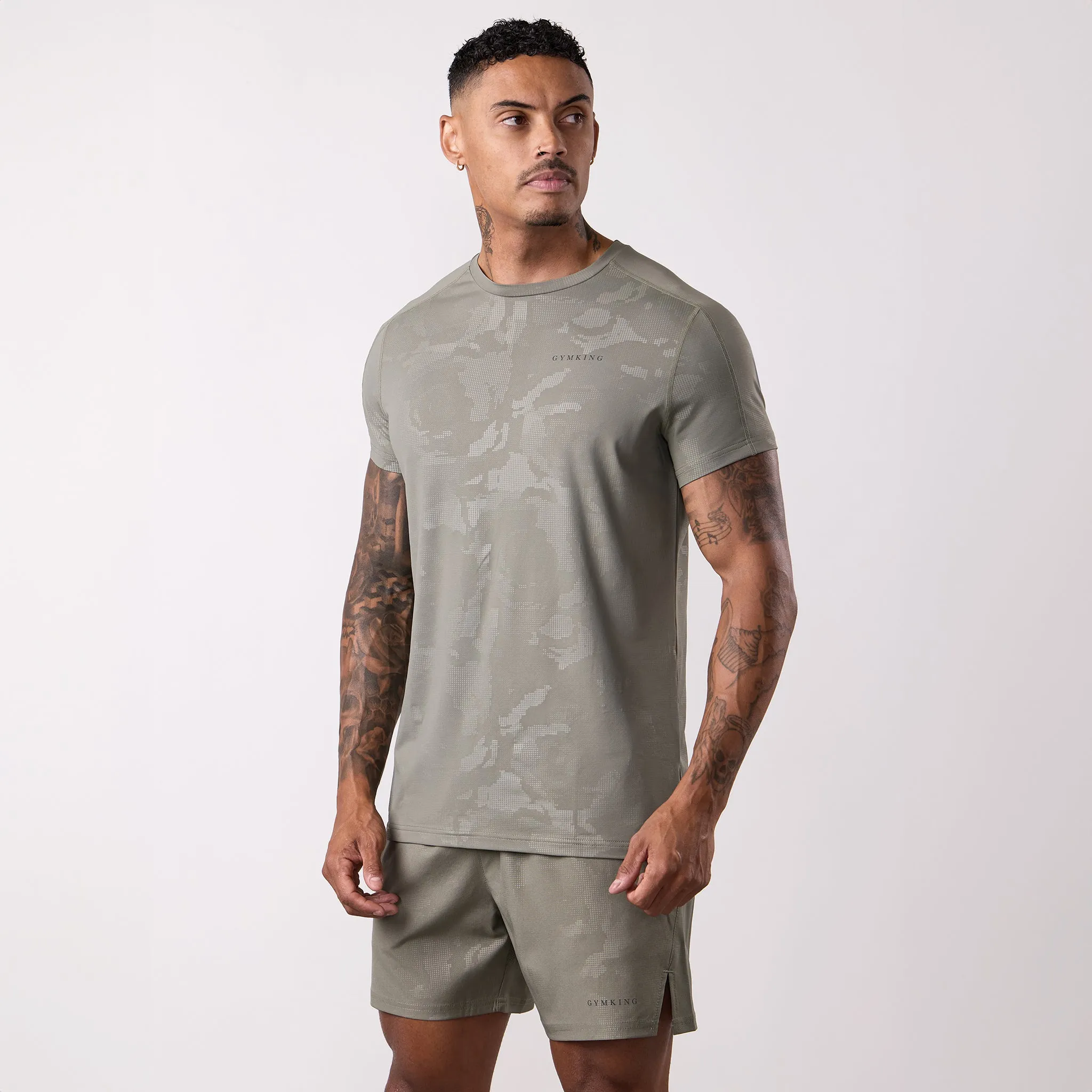 Casual Style Wear Gym King Debossed Camo Tee - Olive