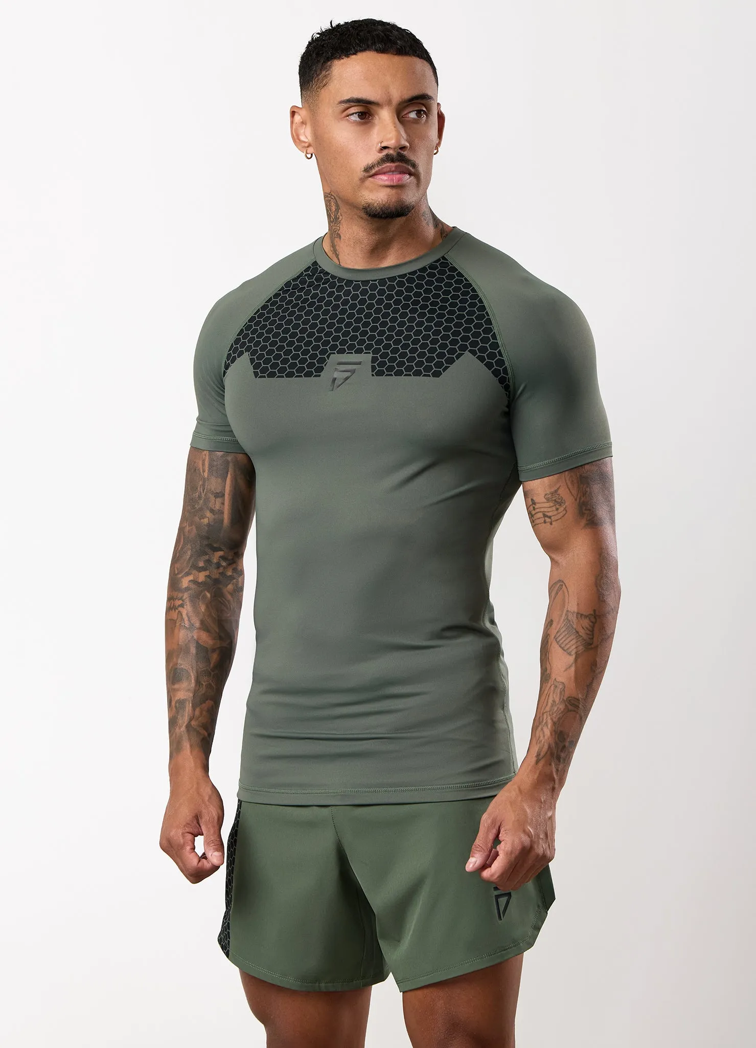 Gym King Fight Division Combat Short Sleeve Rash Guard - Deep Olive Summer cool Non Restrictive Silhouette