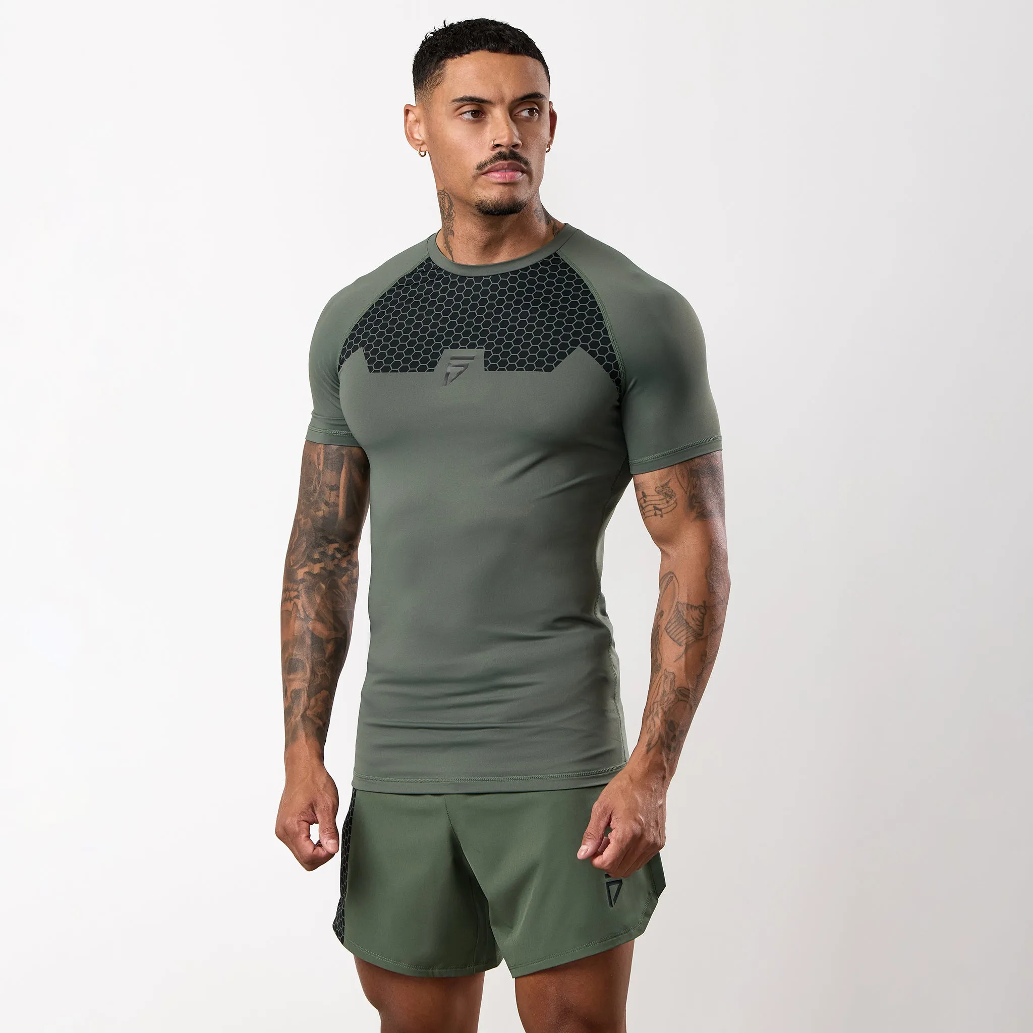 Daily Fashion Gym King Fight Division Combat Short Sleeve Rash Guard - Deep Olive