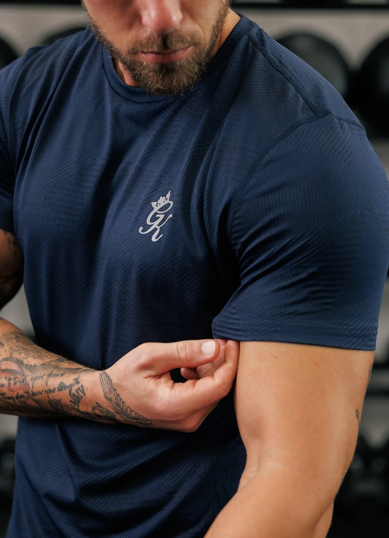 Gym King Geometric Knit Tee - Navy Tagless Neckline