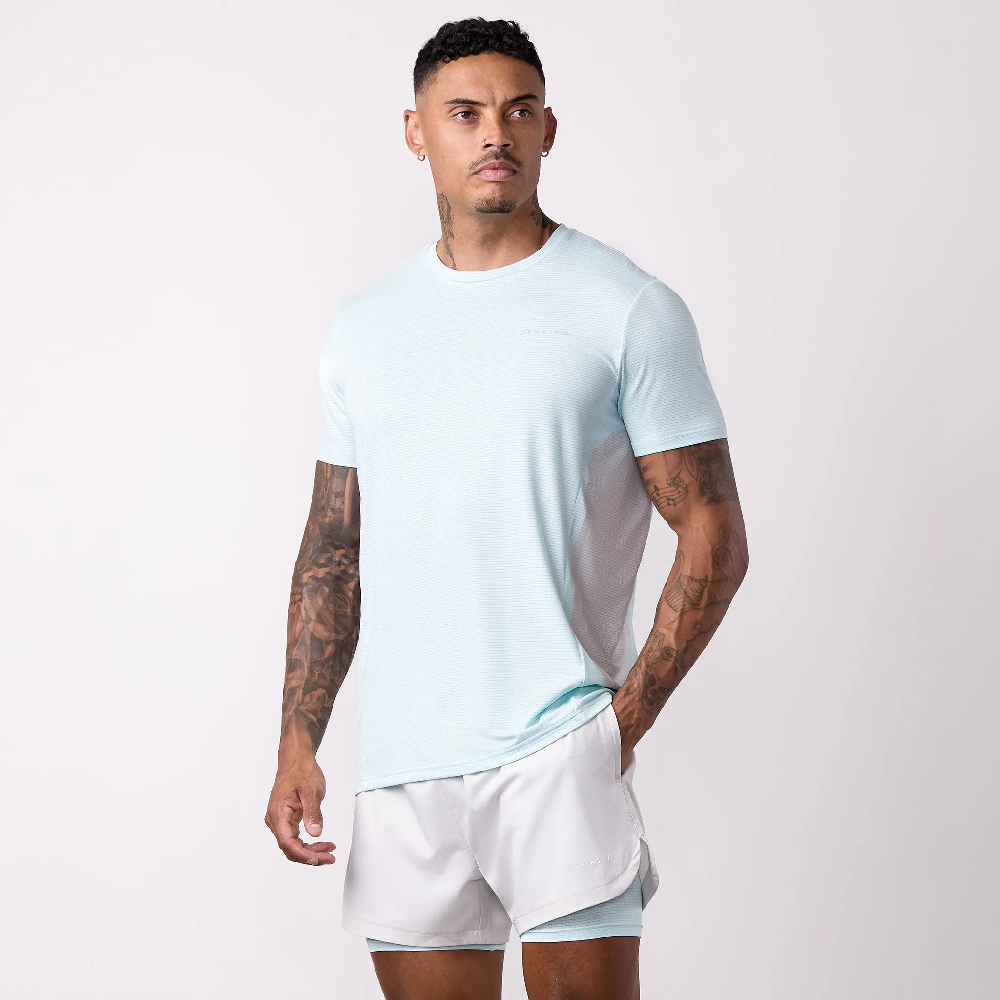 Gym King Progress Performance Tee - Ice Blue/Light Grey Bold Design Breathable and Comfortable