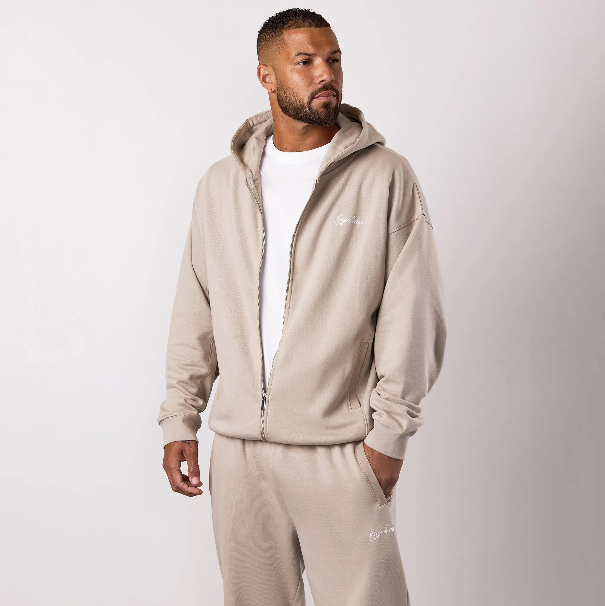 City Cool Gym King Script Relaxed Fit Full Zip Hood - Light Sand