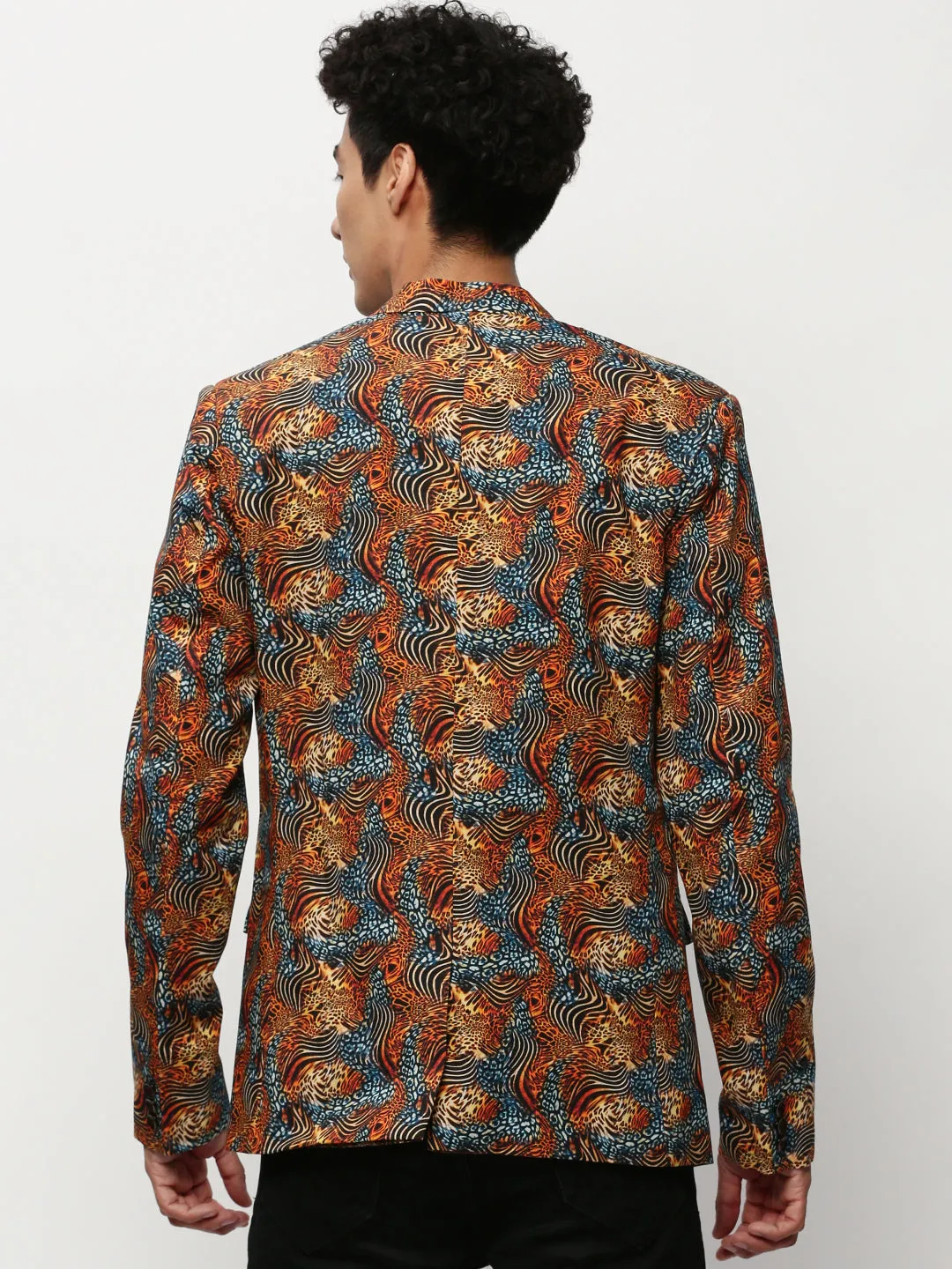 Thermal Insulation Men's Orange Animal Printed Slim-Fit Notched Lapel Collar Single Cotton Breasted Blazer