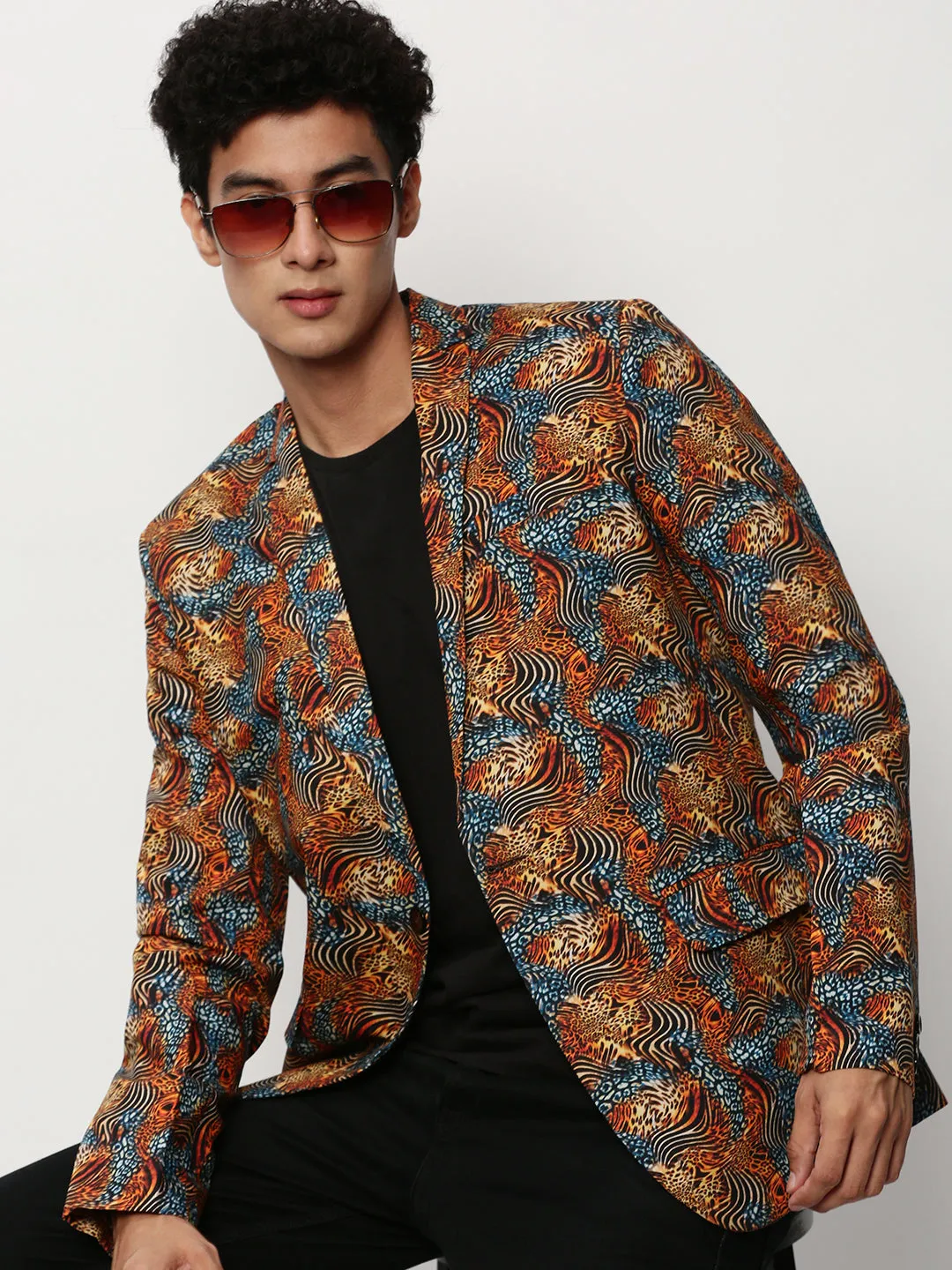 Men's Orange Animal Printed Slim-Fit Notched Lapel Collar Single Cotton Breasted Blazer Ergonomic Fit Adjustable drawstring