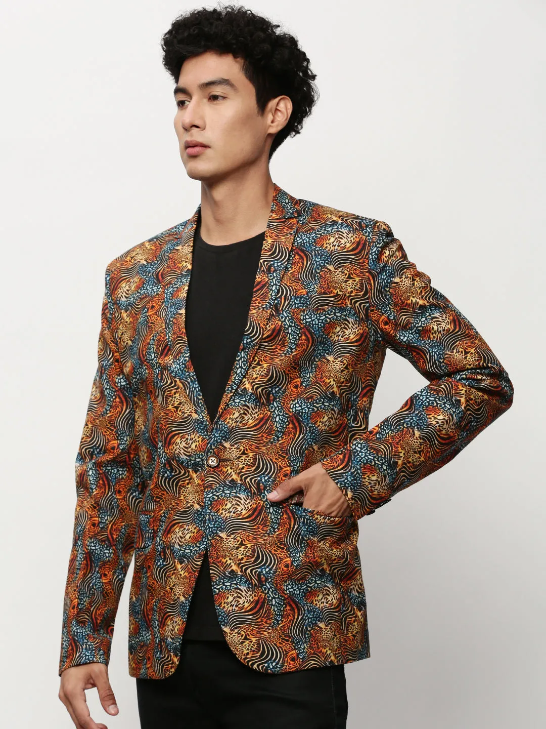 Quick Dry Fabric Technology Men's Orange Animal Printed Slim-Fit Notched Lapel Collar Single Cotton Breasted Blazer