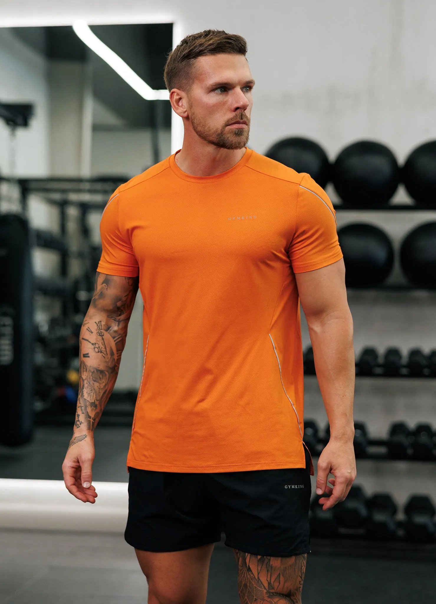 Gym King Hex All Over Print Tee - Burnt Orange Anti Pilling Treatment