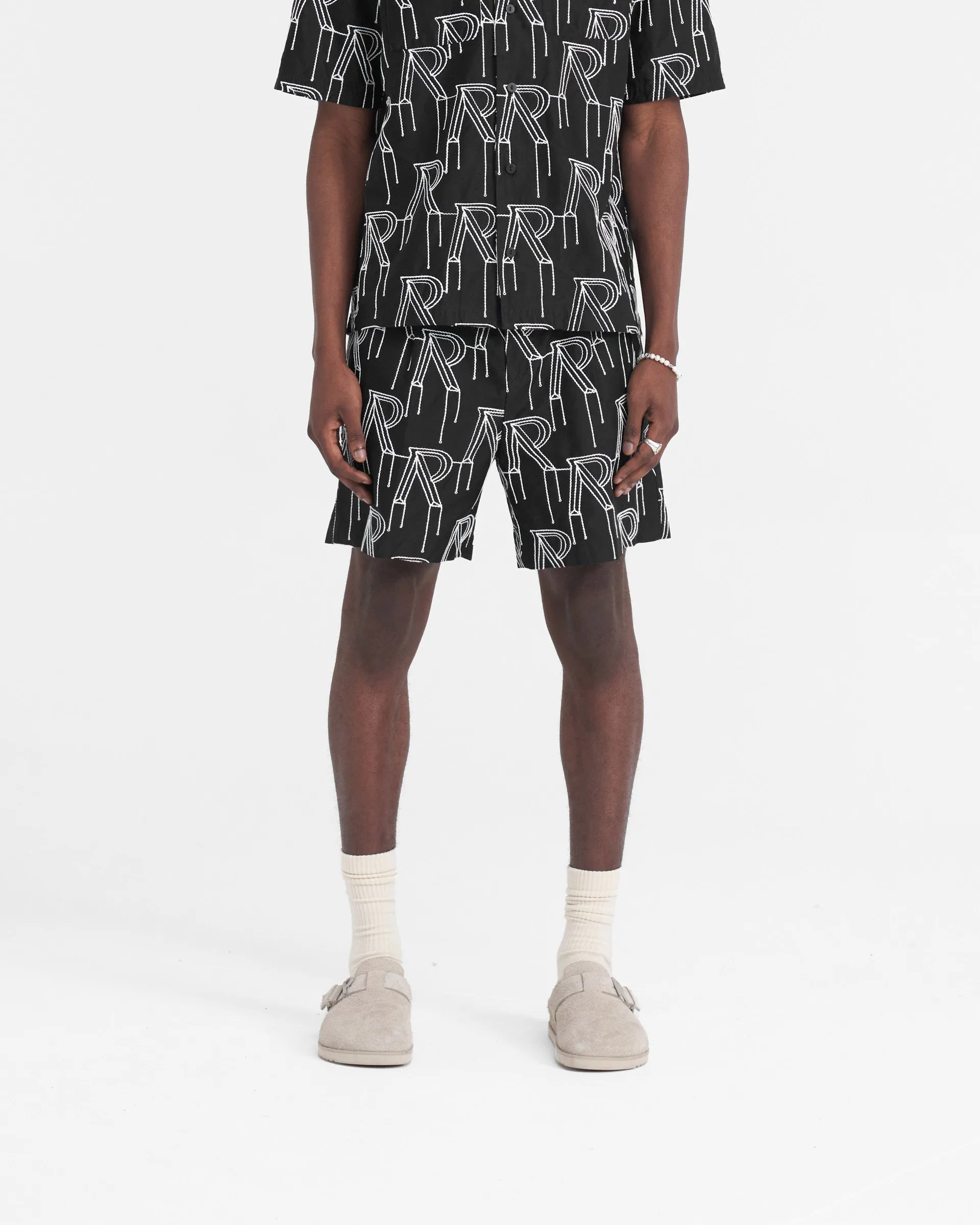 FoldOverClosure Wrinkle Resistant Treatment Embroidered Initial Tailored Short - Black