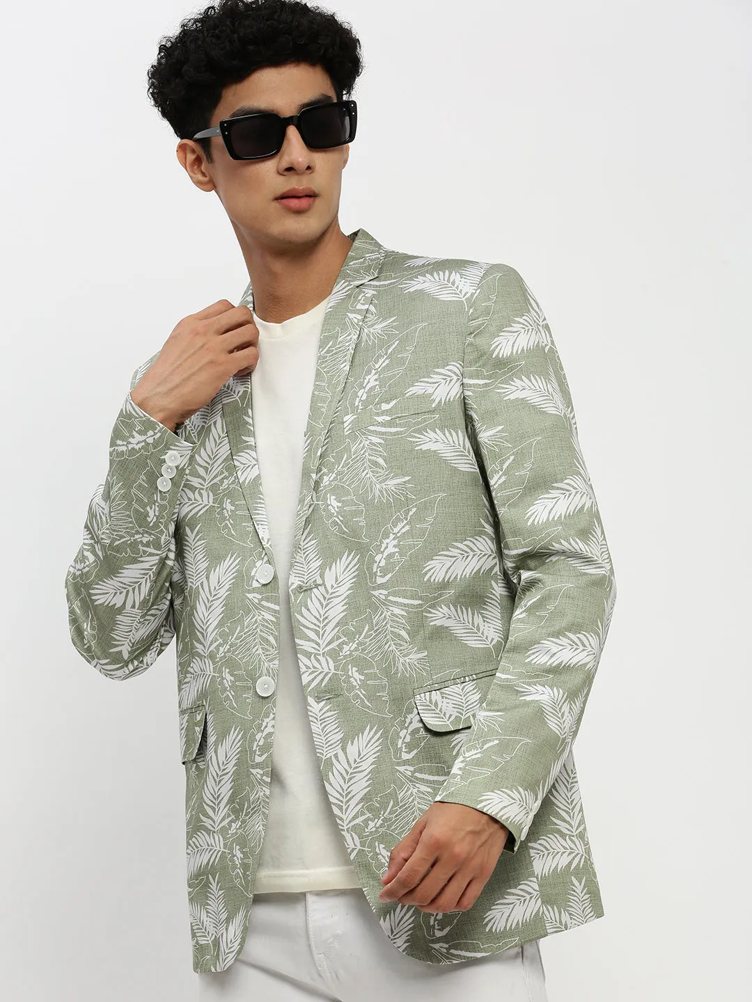 Zippered Closures Essential City Look Men's Sea Green Printed Notched Lapel Single Breasted Slim-Fit Blazer