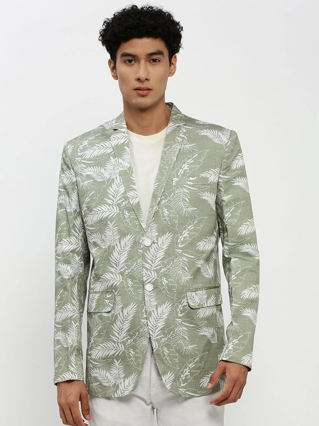 Minimalist Pocket Layout Double Buttons Men's Sea Green Printed Notched Lapel Single Breasted Slim-Fit Blazer