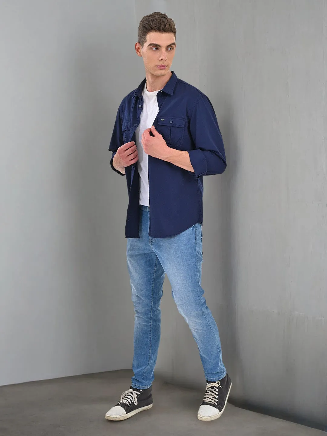 Men Solid Full Sleeve Cotton Shirt Cooling Mesh Lining