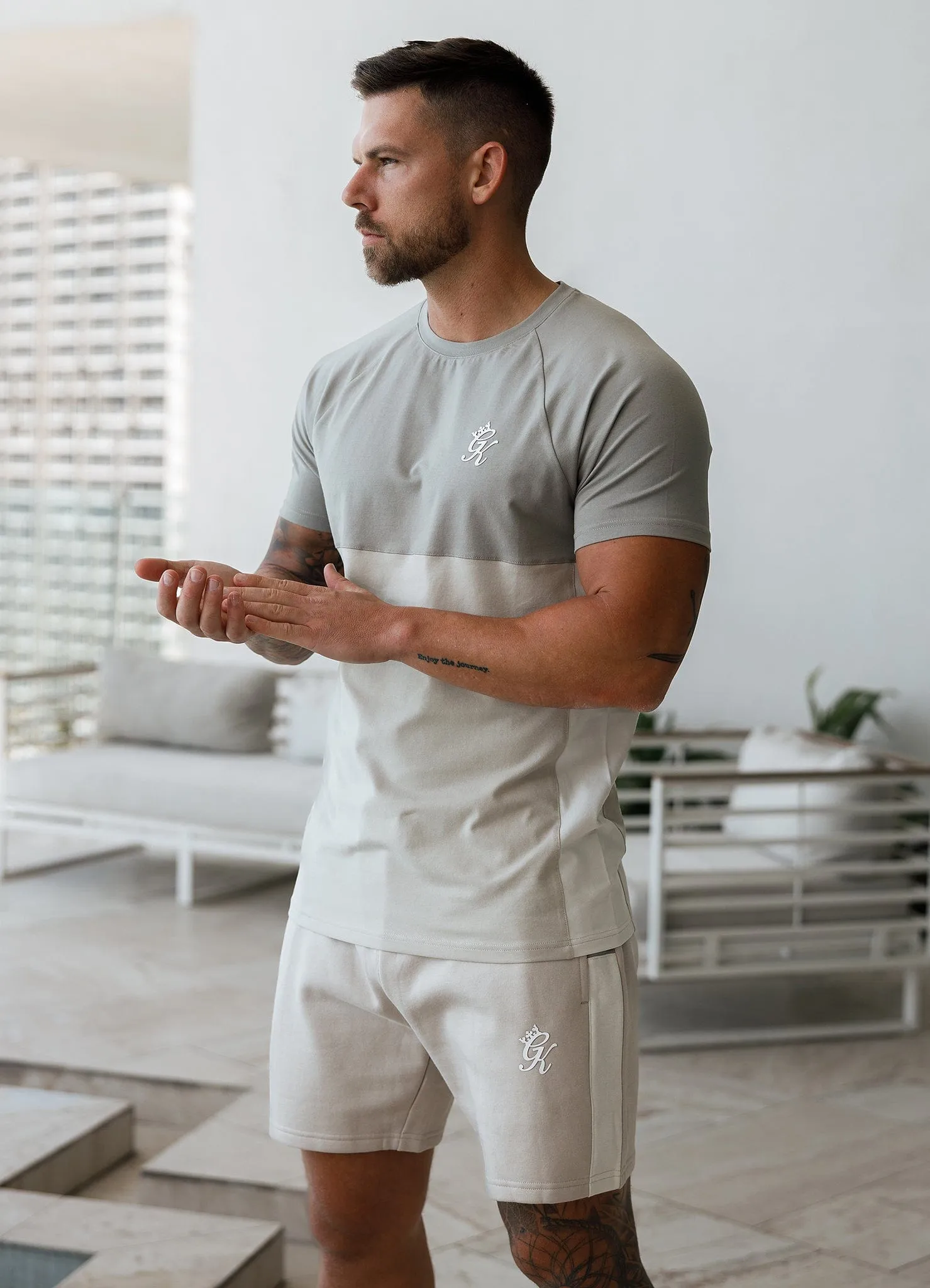 Fashionable Wear Casual Comfort Look Gym King Contrast Panel Jersey Tee - Light Stone/Taupe/White