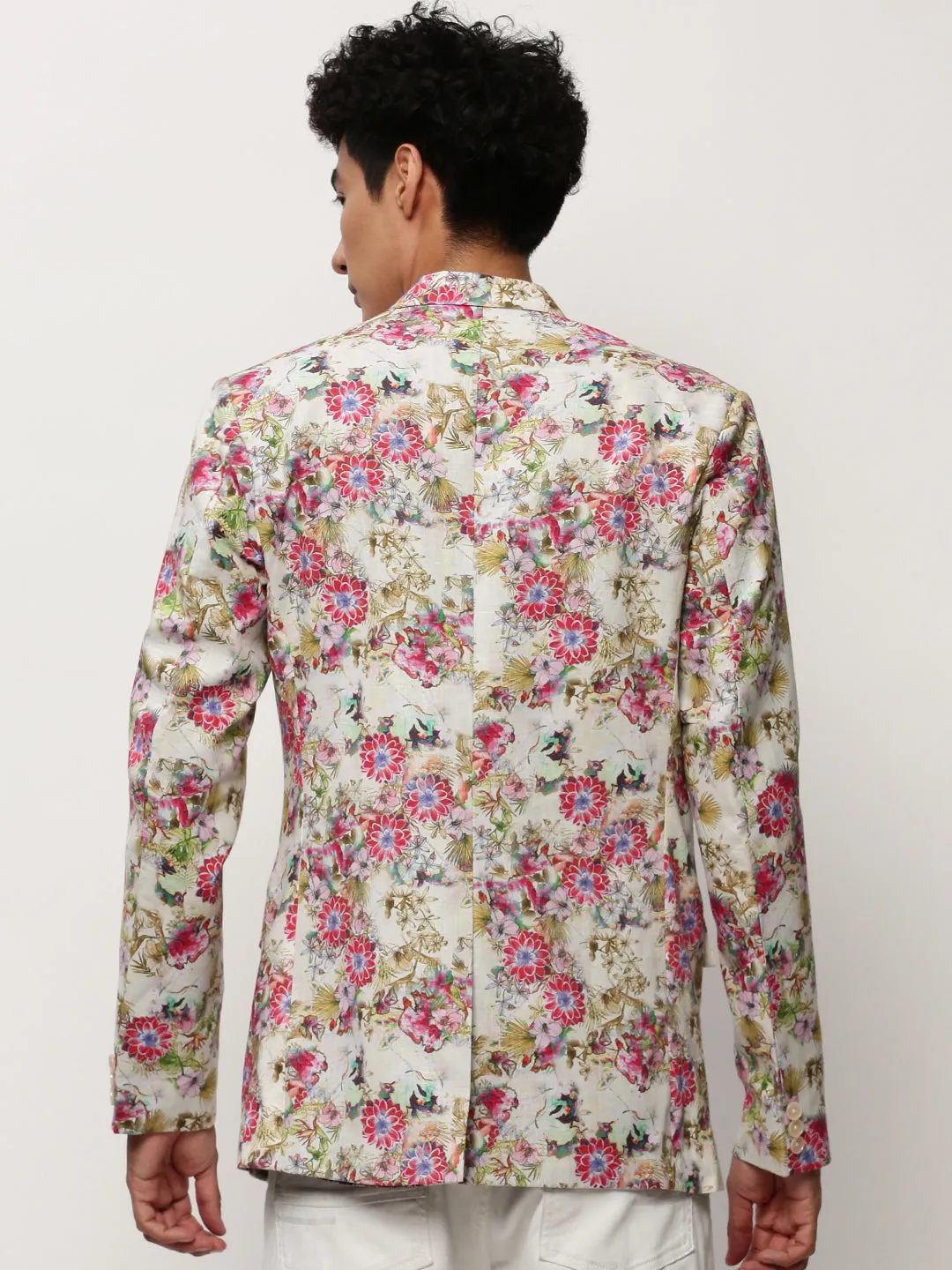 Flexible Daily Fit Men's Off White Printed Notched Lapel Collar Single Breasted Slim-Fit Casual Blazer