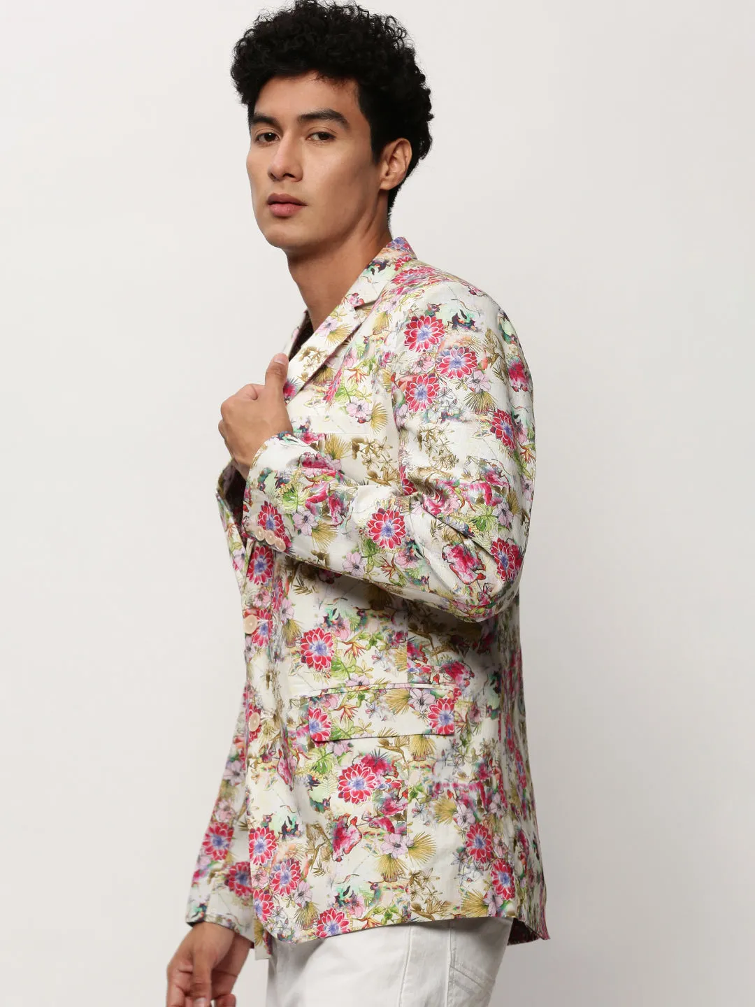 Men's Off White Printed Notched Lapel Collar Single Breasted Slim-Fit Casual Blazer Polarized Sun Protection