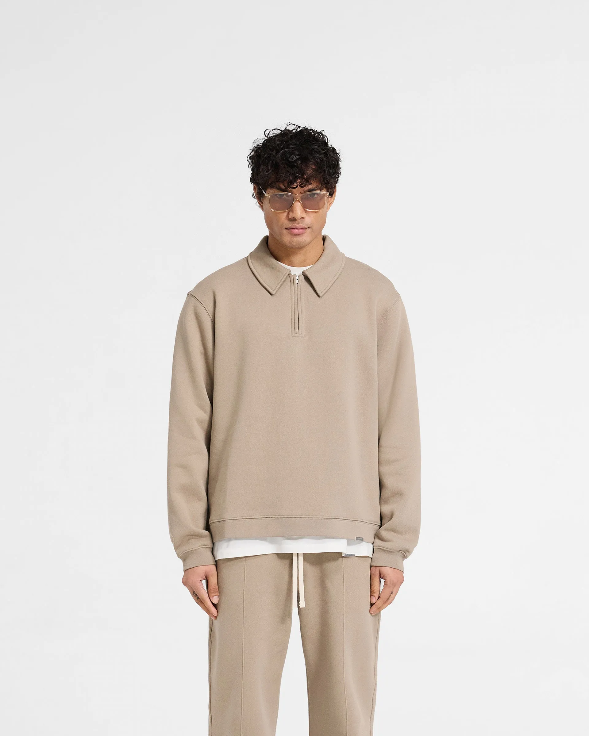 Basic Hoodie Initial Boxy Quarter Zip - Dune