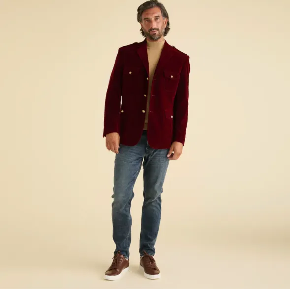 Inserch BL-569 Velvet Military Jacket Burgundy Fleece Lined