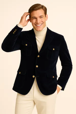 Notch Lapel Outdoor Style Staple Inserch BL-569 Velvet Military Jacket Navy