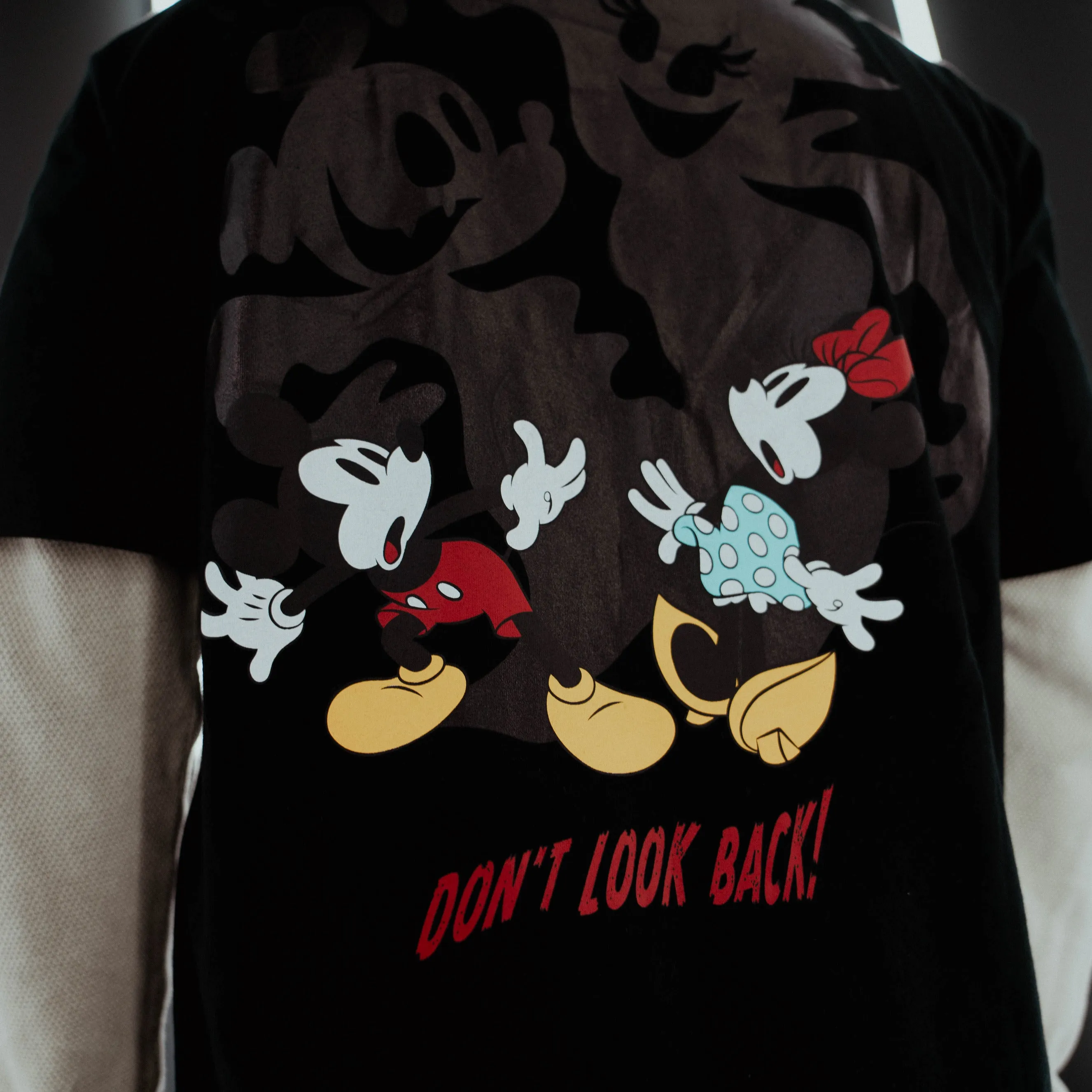 color blocking Disney Mickey and Friends By Shoe Palace Don't Look Back Mens Short Sleeve Shirt (Black/Red)