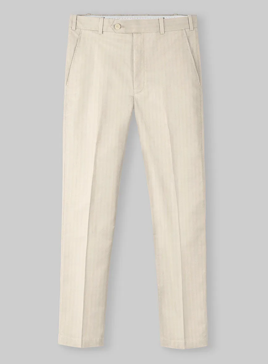 Italian Beige Herringbone Cotton Pants Fashion Comfort Wear