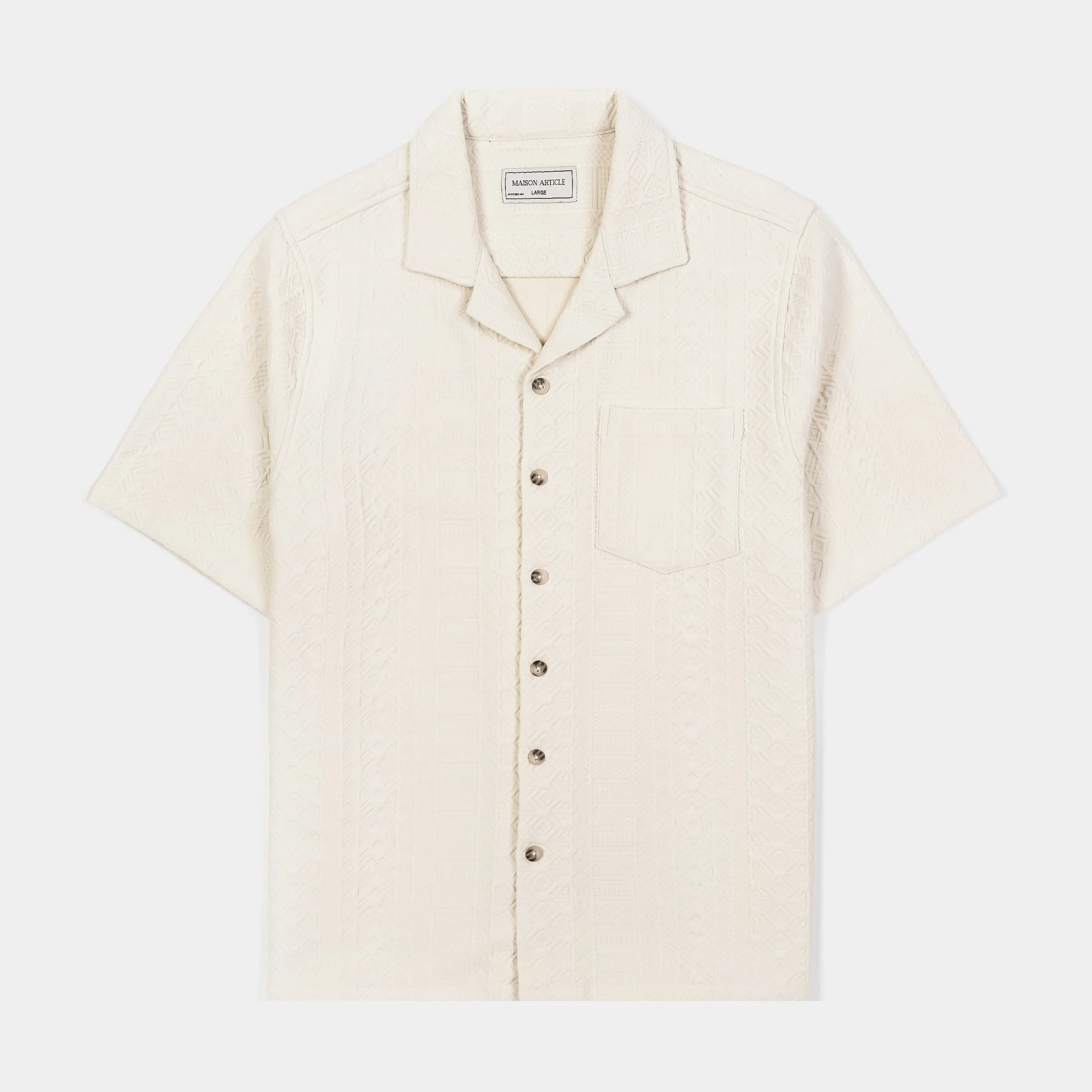 Embroidered Jacquard Ornate Printed Mens Short Sleeve Shirt (Cream)