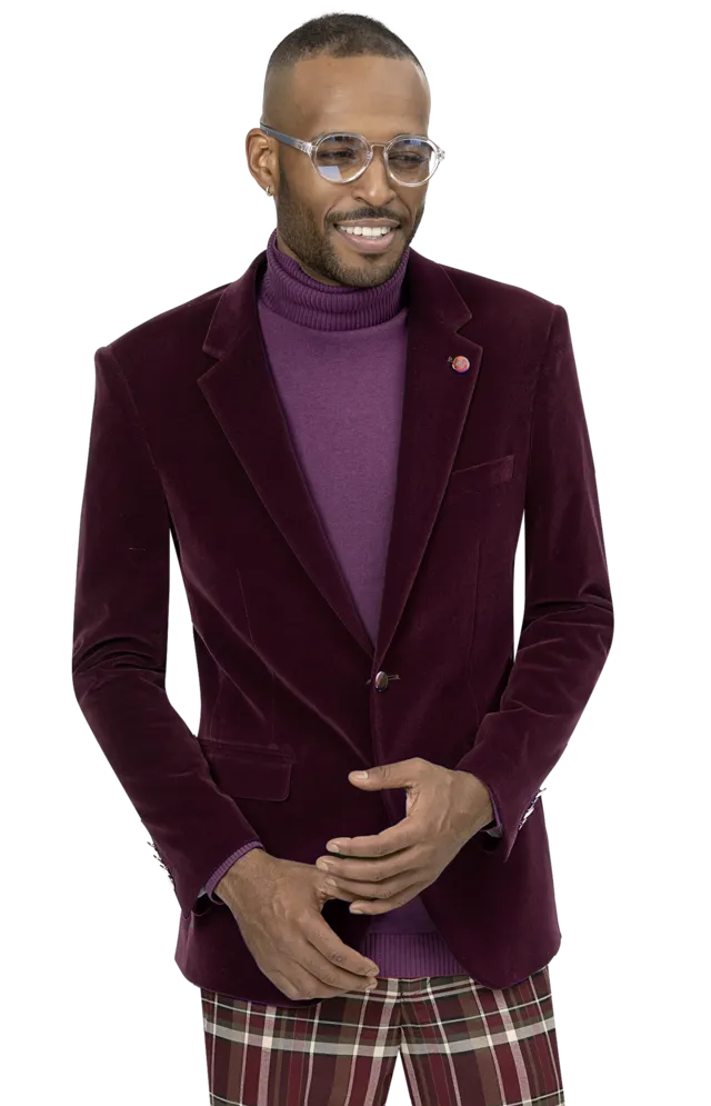 Plaid Print Kent & Park J134 Velvet Slim Fit Blazer Burgundy