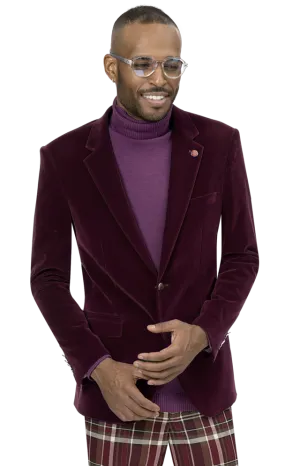 Reinforced Shoulders Minimal Aesthetic Kent & Park J134 Velvet Slim Fit Blazer Burgundy