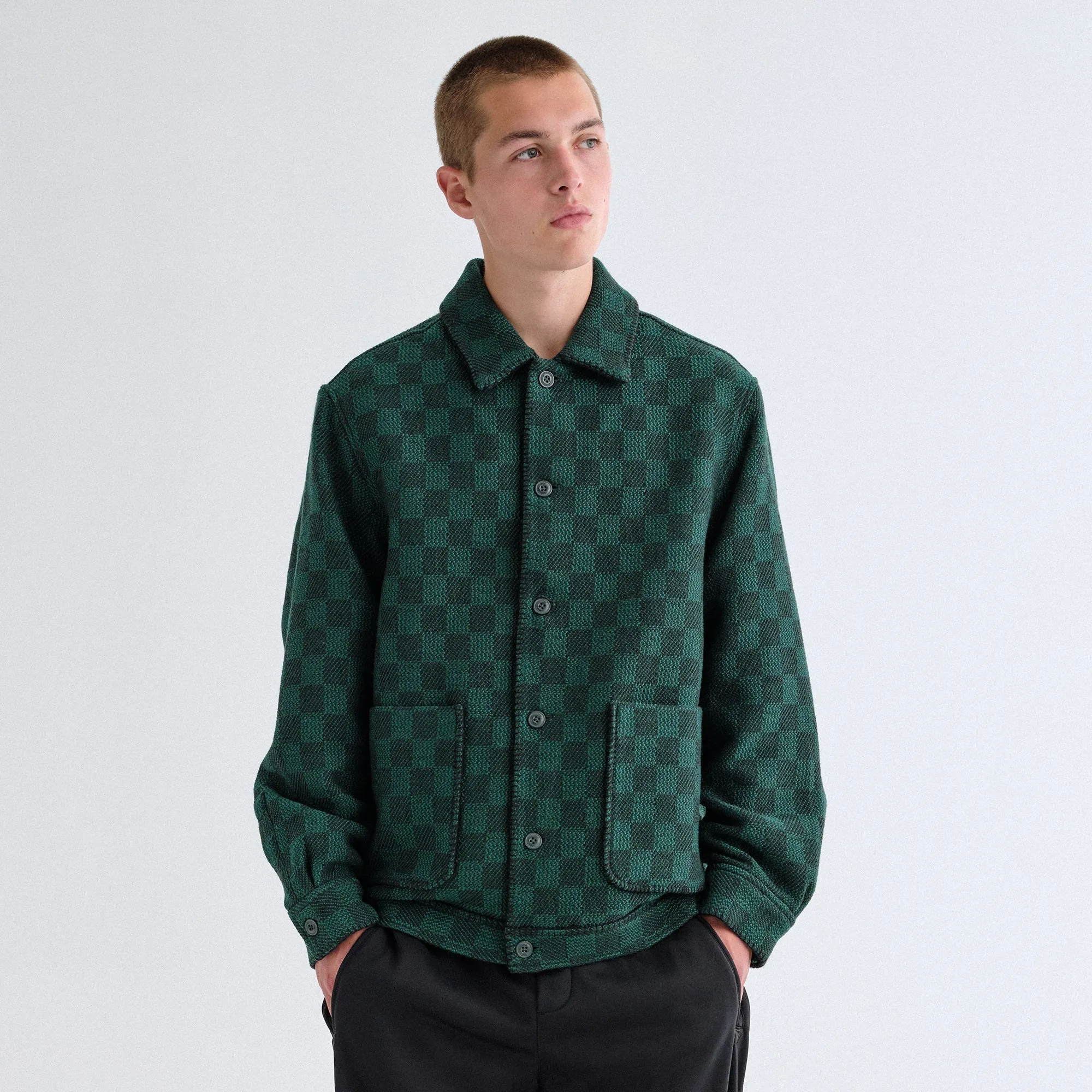 Cool Tone Kith Check Boucle Boxy Collared Overshirt - Ivy Green
