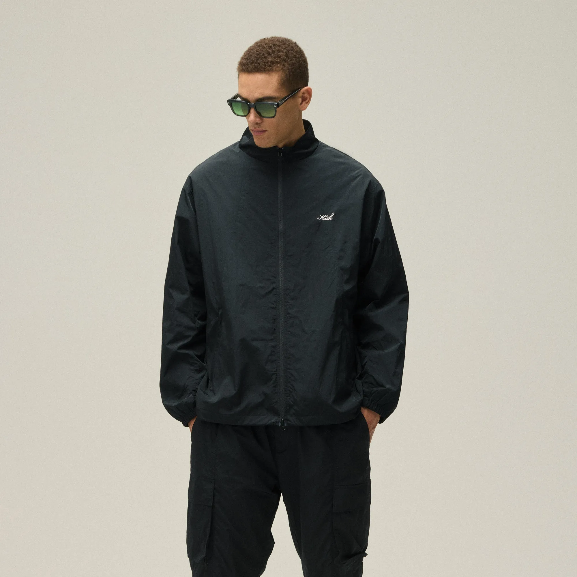 StretchFit Silhouette High Density Weave Kith Wrinkle Nylon Windsor Panelled Track Jacket - Black