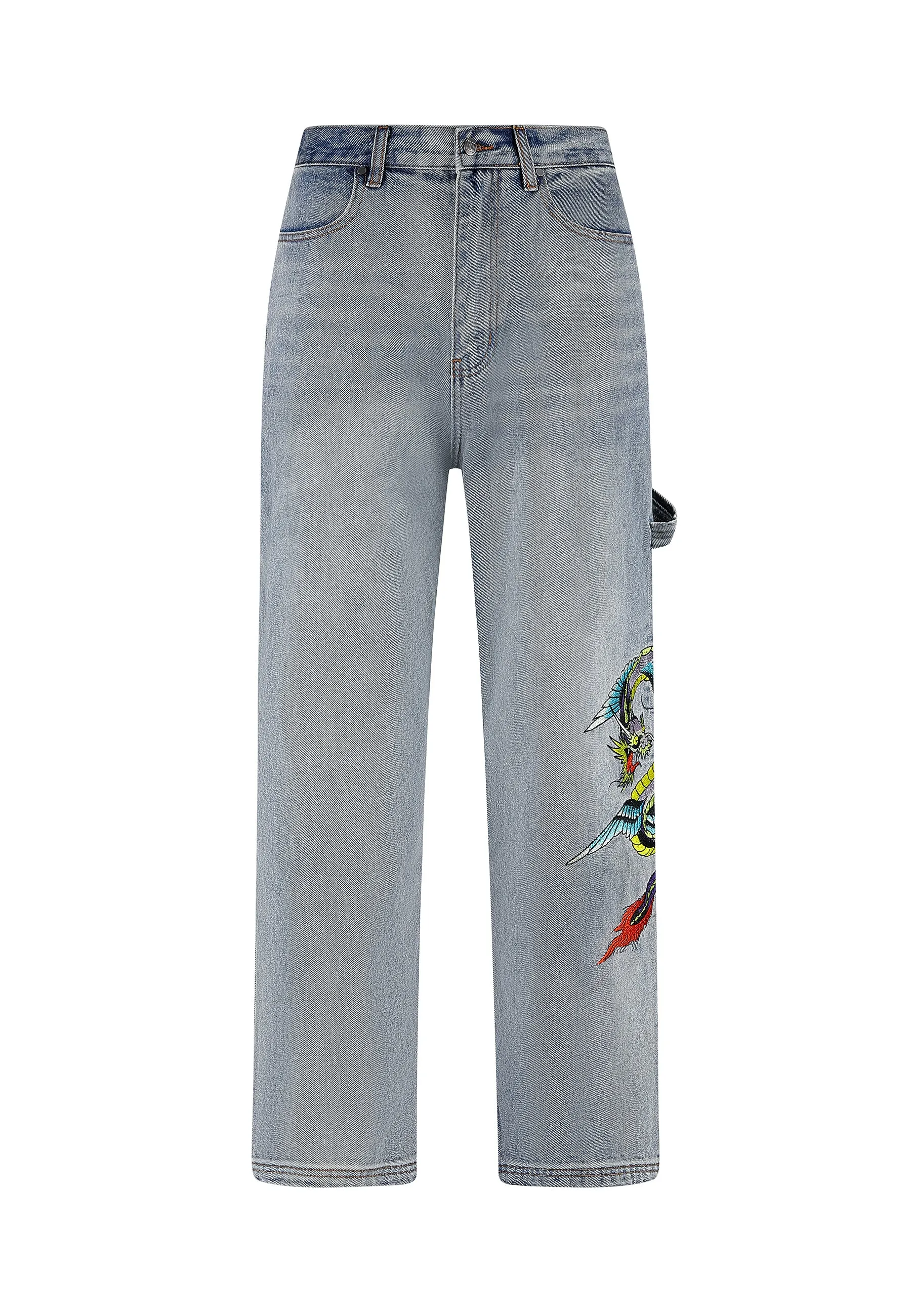 Mens Flying Dragon Carpenter Denim Trousers Jeans - Blue Sustainable Trend Setter Versatile Travel Ease
