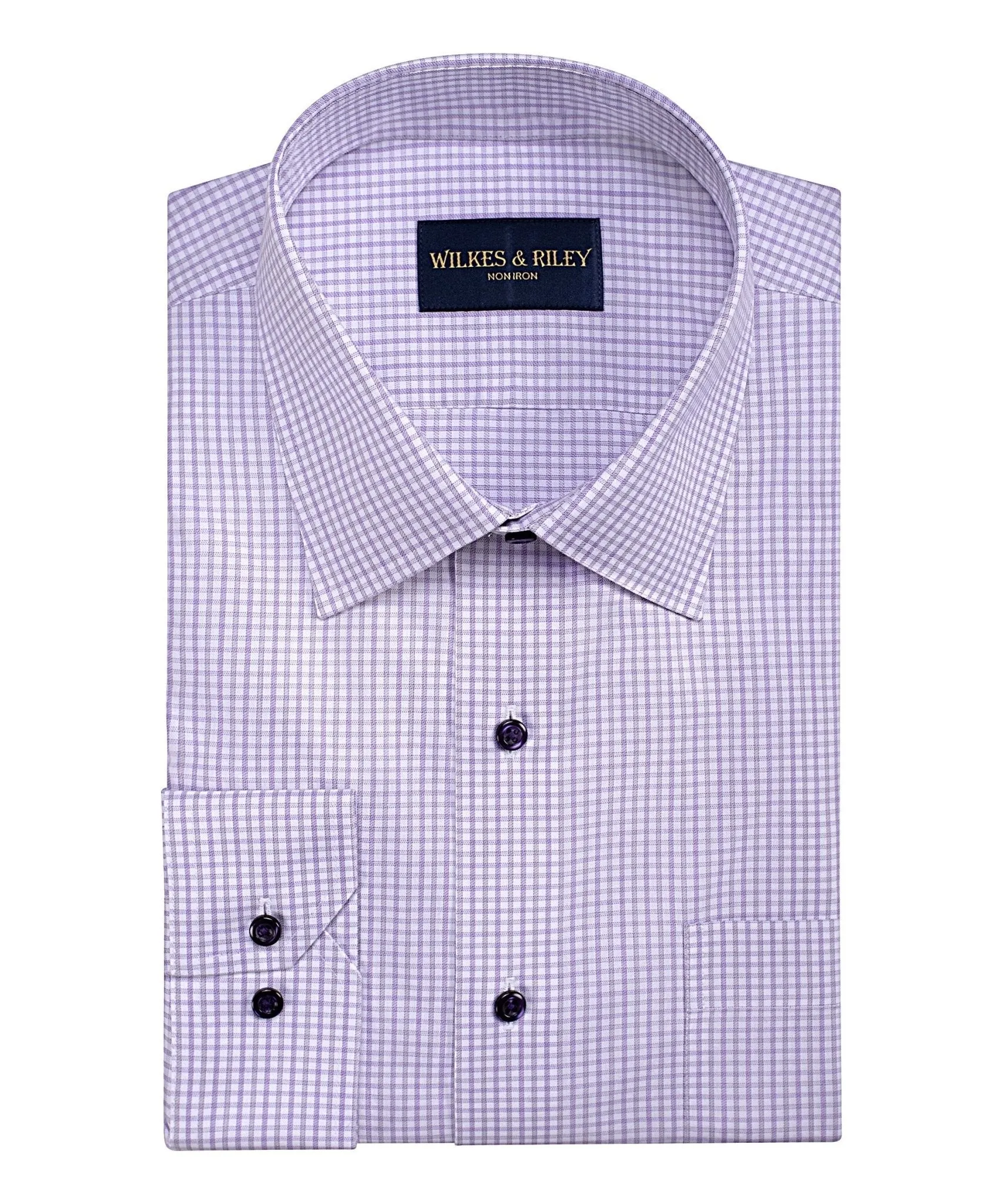 Lace Accent Durable Stitching Lavender / Grey Dobby Twill Check Spread Collar Non-Iron Dress Shirt