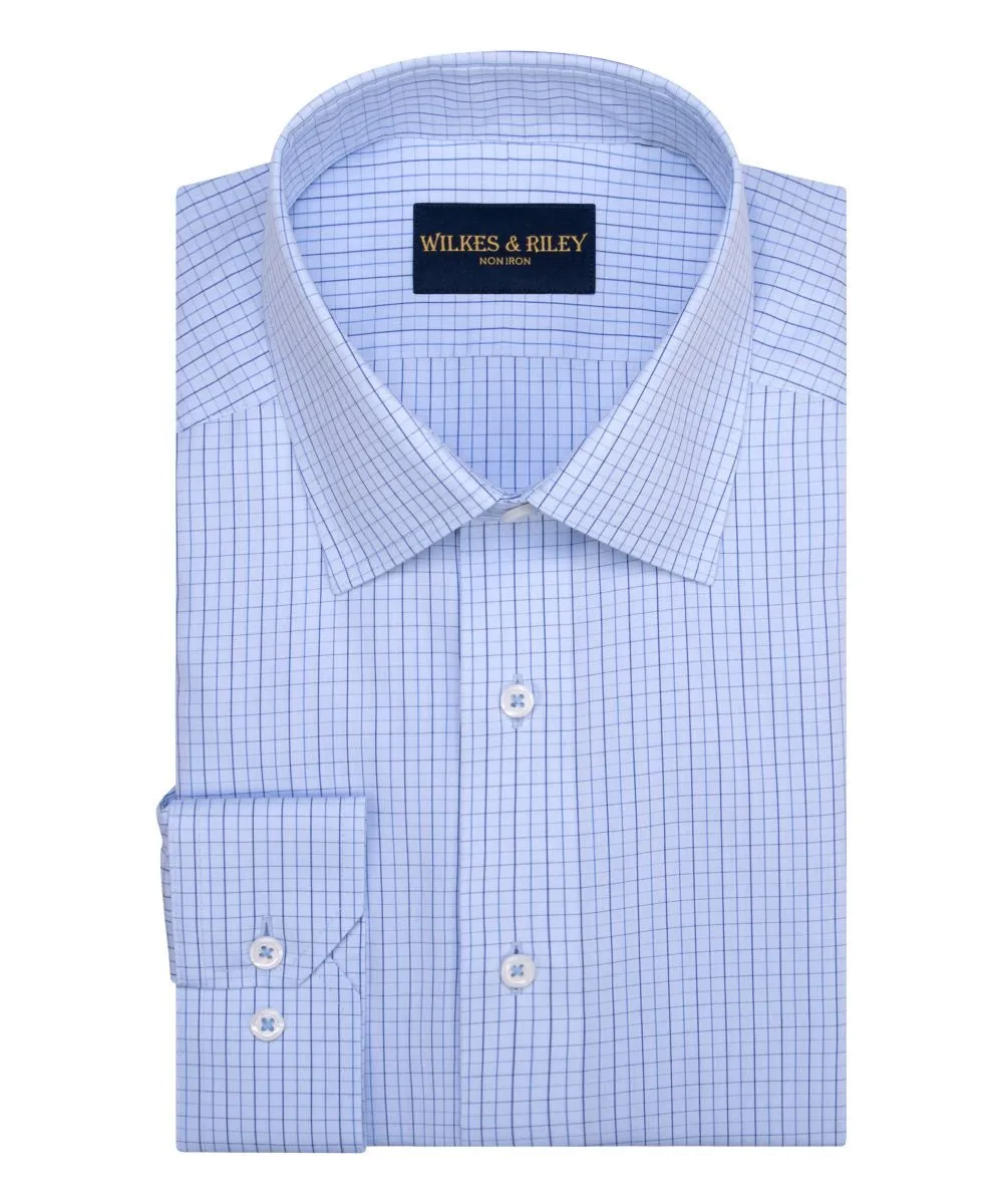 Sustainable Manufacturing Process Light Blue Ground Tattersall Spread Collar Non-Iron Broadcloth Dress Shirt