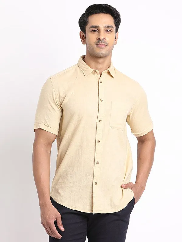 Embroidered Detail High-Quality Craftsmanship Men Solid Half Sleeve Cotton Shirt