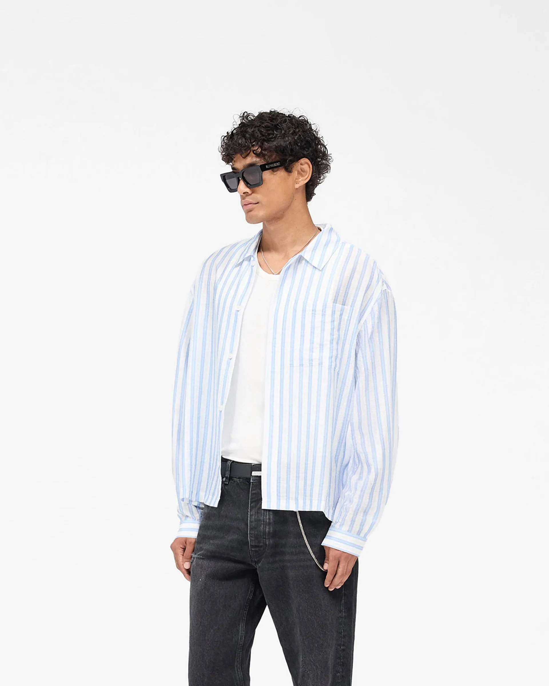 Functional Fashion Long Sleeve Sheer Stripe Boxy Shirt - Ice Blue