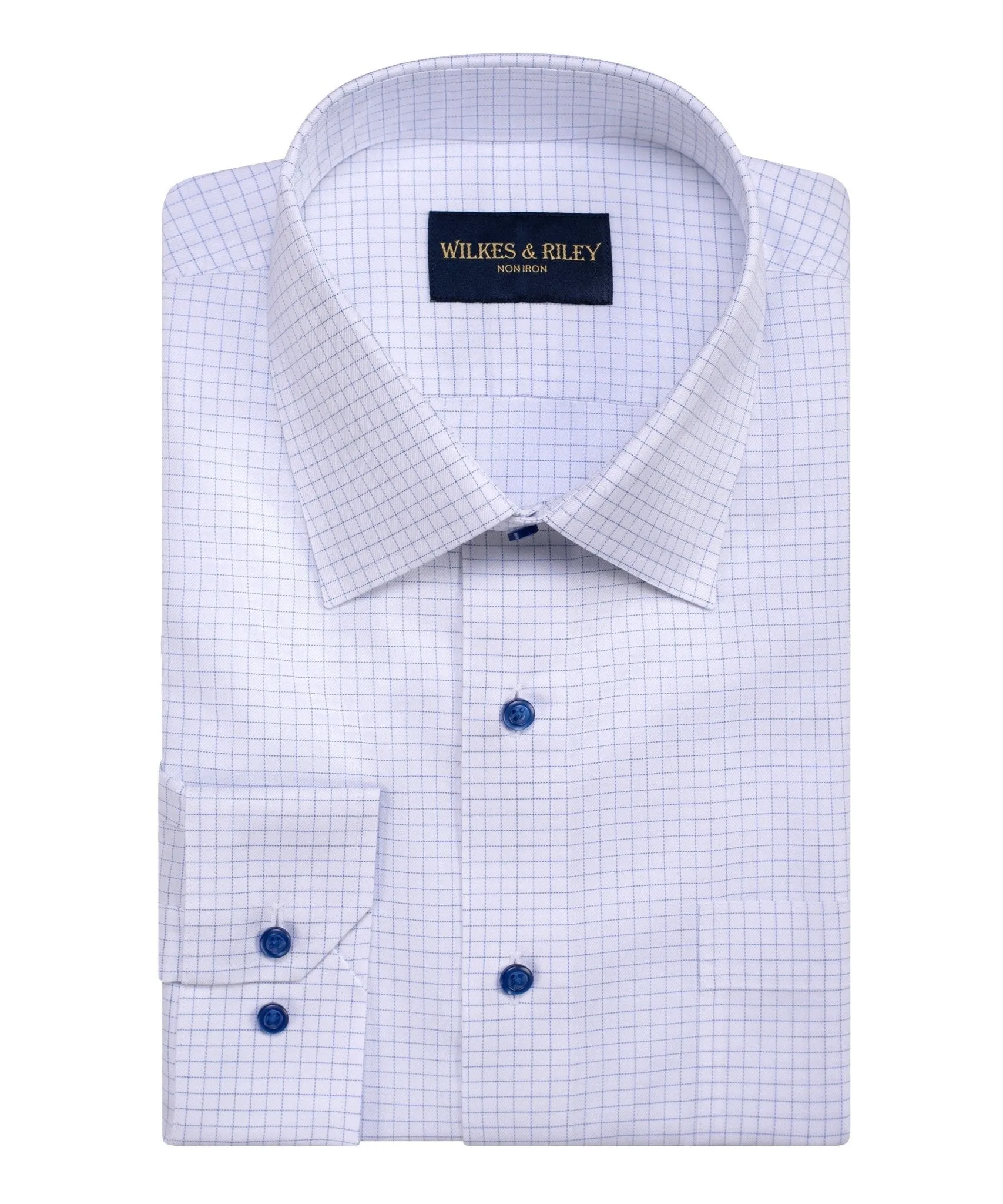 Reinforced Side Vents Blue Twill Check Spread Collar Non-Iron Dress Shirt