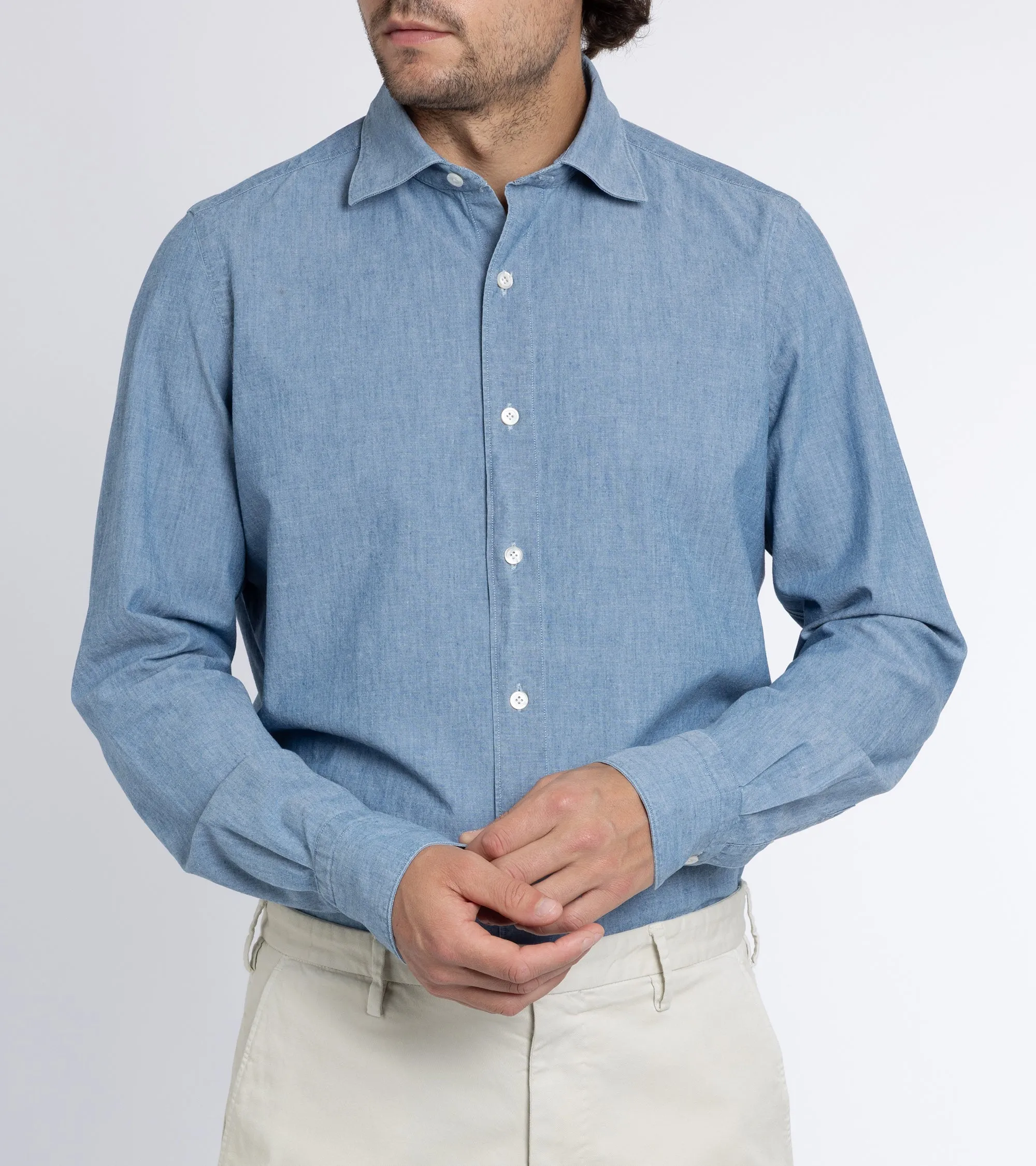 Functional Pocket Finamore Gaeta Classic Cotton Luigi Sport Shirt: Chambray