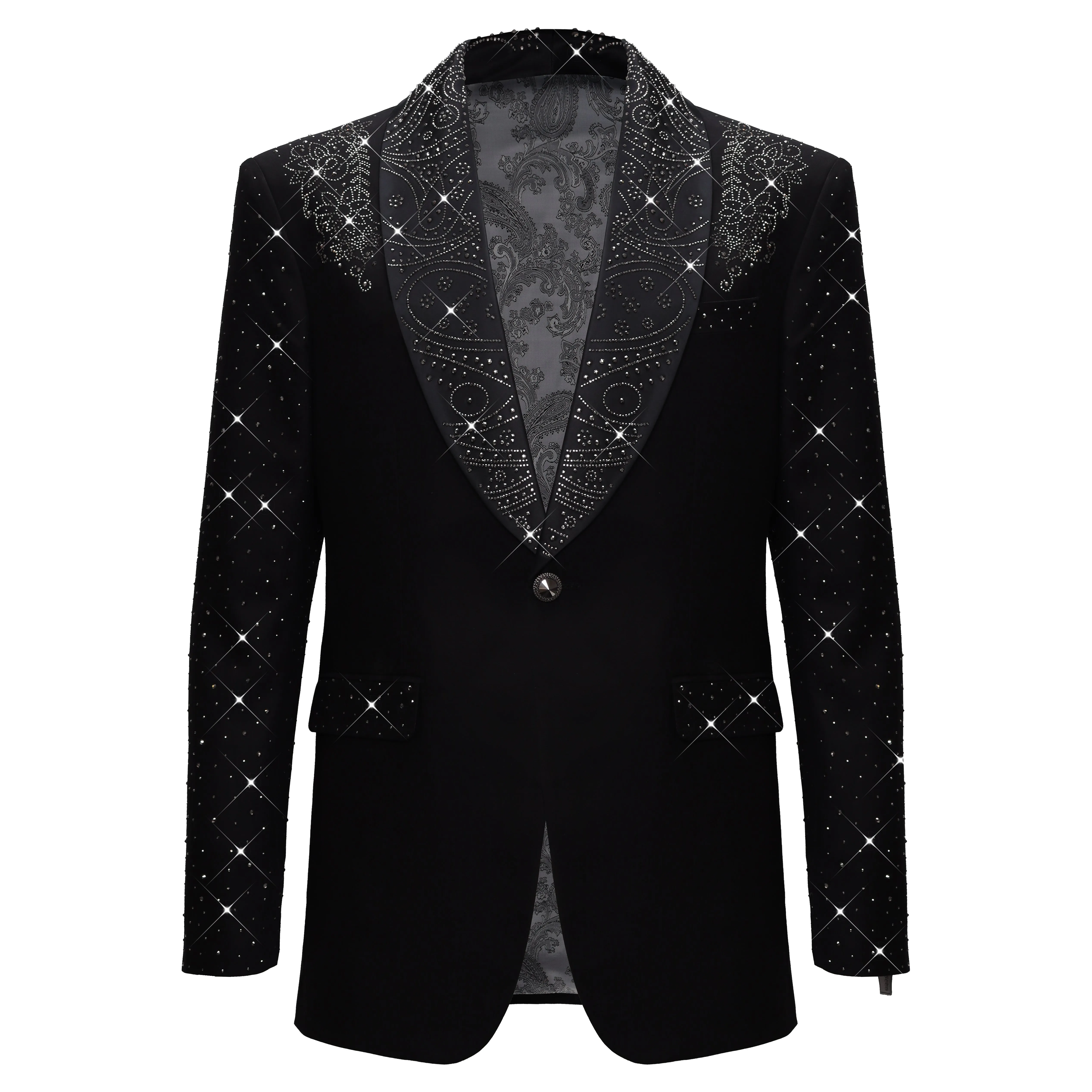 AntiSnag Lining Material Ultra Light Packable Luxurious Black Blazer with Elegant Rhinestone Emb BLACK