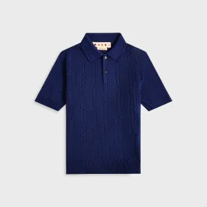 Compact Packability Layer Friendly Shape Marni Short Sleeve Crochet Polo Shirt - Bluette