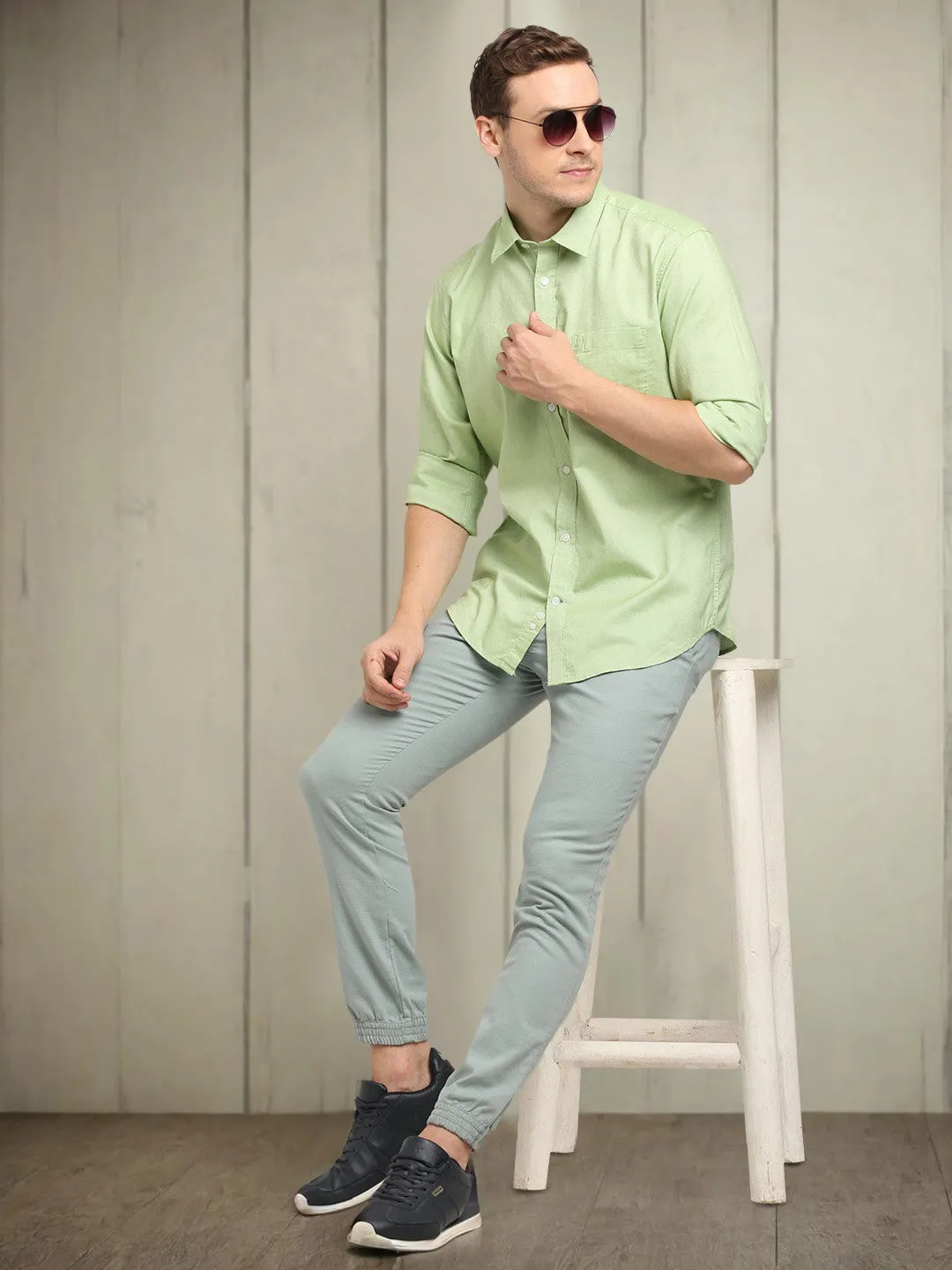 Layered Design Durable Texture Men Solid Full Sleeve Cotton Shirt