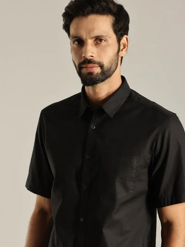 Men Solid Half Sleeve Cotton Shirt Workwear Approved Rooftop Bar
