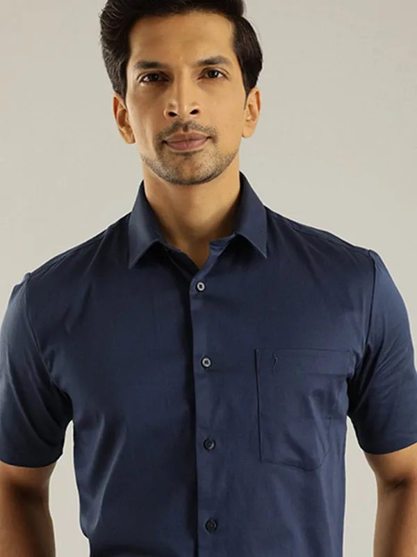 Men Solid Half Sleeve Cotton Stretch Shirt Lightweight Weave Monochrome Palette