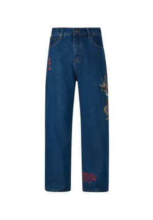 Chic Comfort Mens Battle-Dragon Tattoo Denim Trousers Baggy Jeans - Indigo
