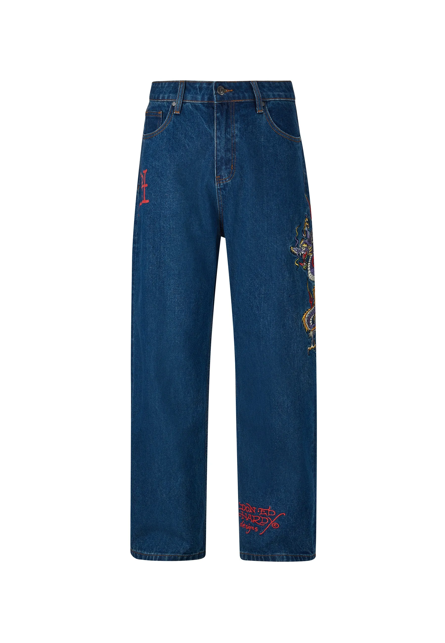 Mens Battle-Dragon Tattoo Denim Trousers Baggy Jeans - Indigo Eco Friendly Denim Calm Aesthetic