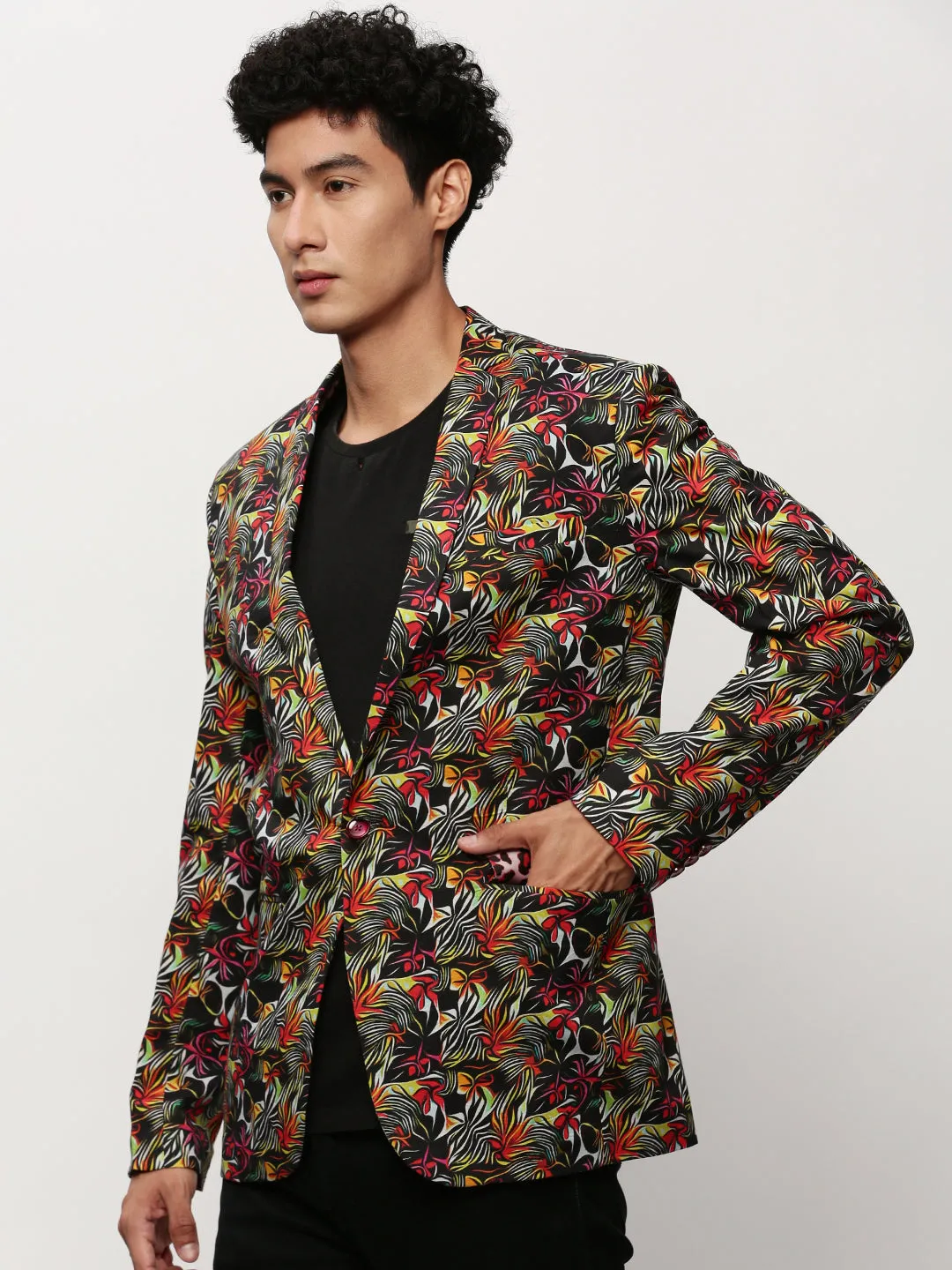 Convertible Features Men's Black Abstract Printed Slim Fit Single-Breasted Cotton Blazer