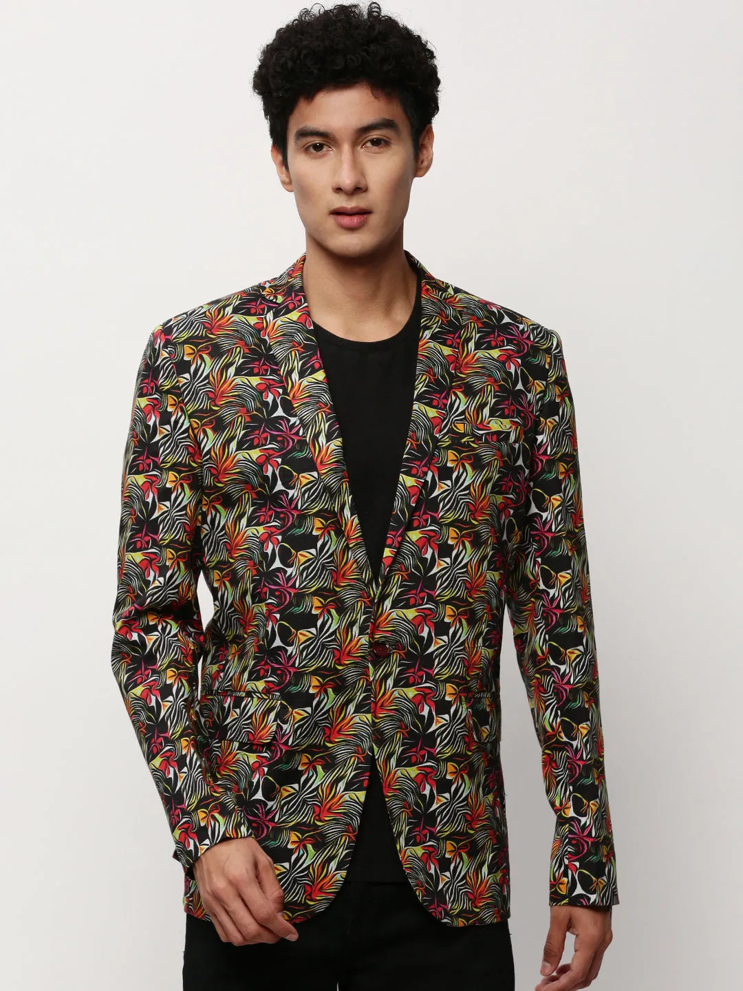 Reversible Layer Full Zip Closure Men's Black Abstract Printed Slim Fit Single-Breasted Cotton Blazer