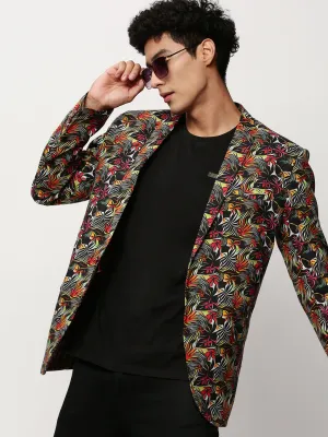 Men's Black Abstract Printed Slim Fit Single-Breasted Cotton Blazer StretchableMaterial Functional Pocket