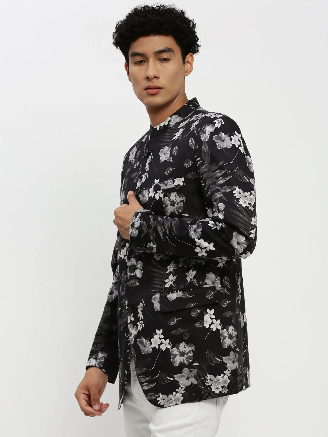 Men's Black Floral Printed Bandhgala Slim Fit Blazer Convertible 2 In 1 Function Functional Fit